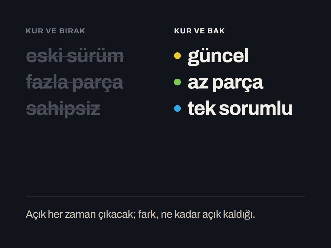 Kur ve bırak (eski sürüm, fazla parça, sahipsiz) ile kur ve bak (güncel, az parça, tek sorumlu) yan yana.