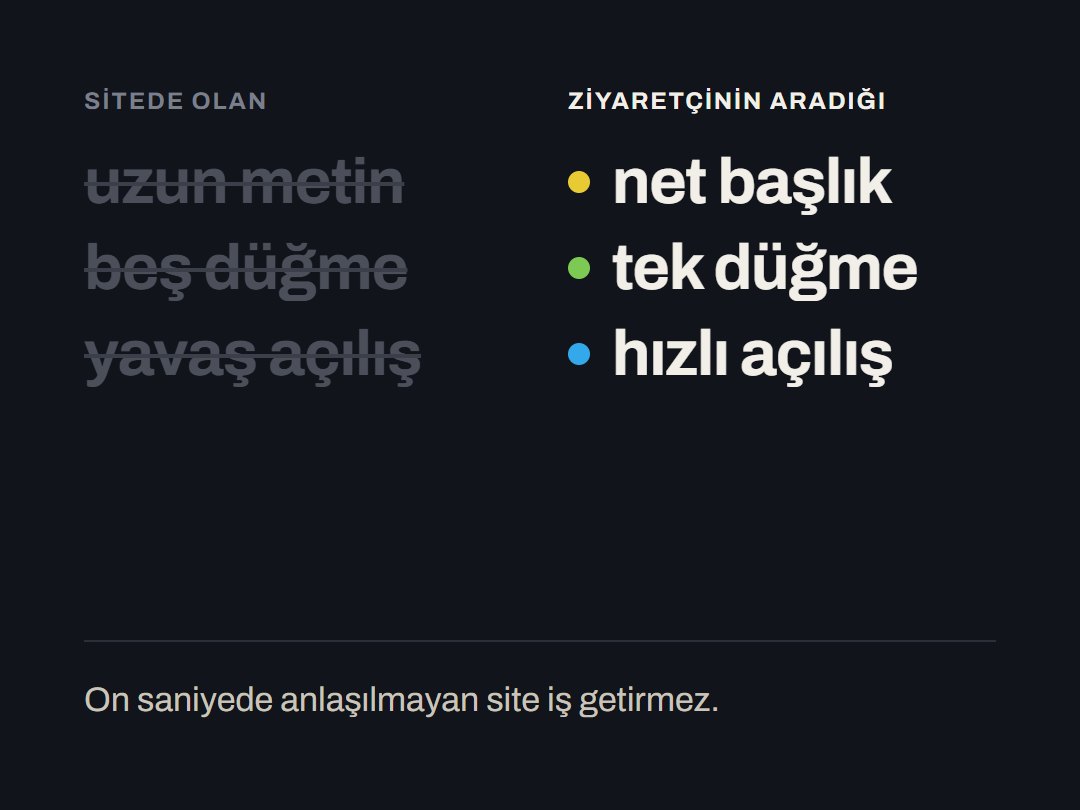 Sitede olan (uzun metin, beş düğme, yavaş açılış) ile ziyaretçinin aradığı (net başlık, tek düğme, hızlı açılış) yan yana.