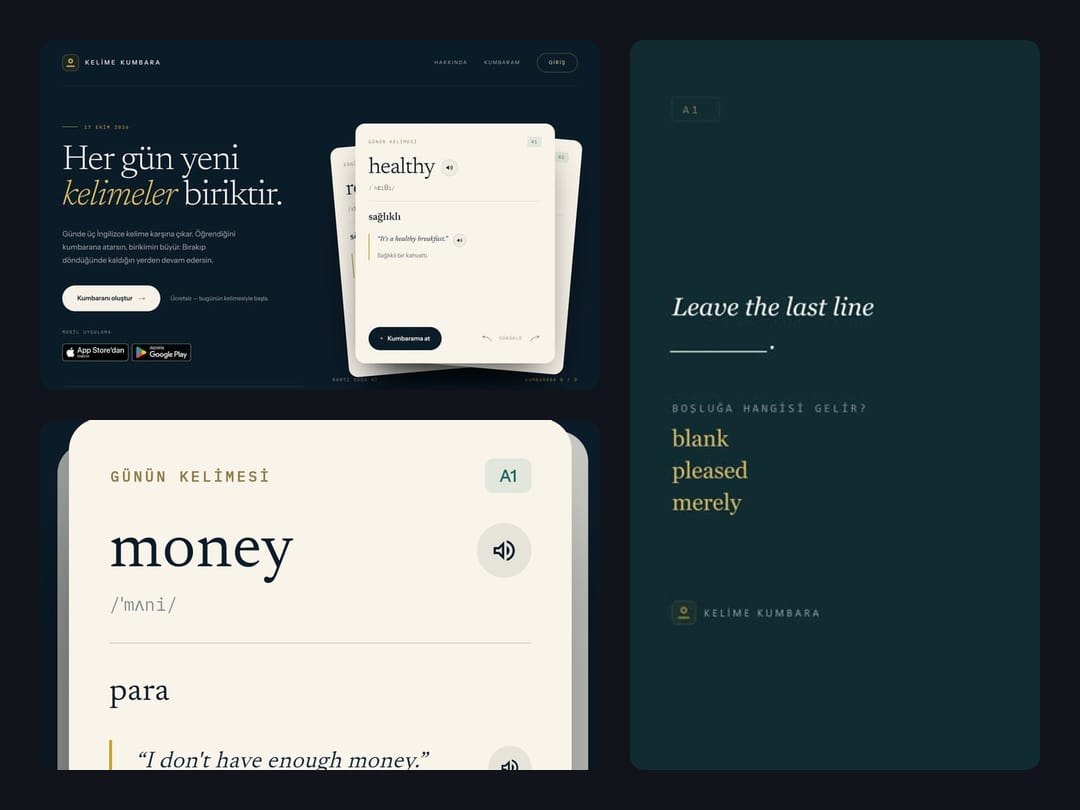 Kelime Kumbara’s three surfaces side by side: the website, the word-of-the-day card in the mobile app and a frame from a social media video.